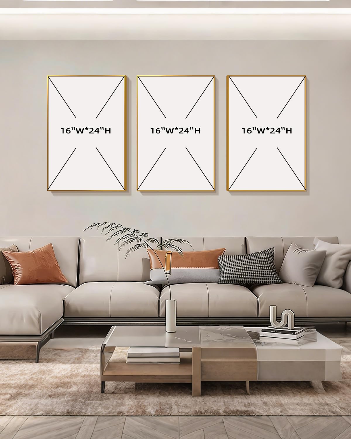 Azartslr Large Framed Modern Rose Gold Wall Art, Luxury 3 Pieces Aluminum Alloy Wall Decor for Living Room, Abstract Gold and Beige Home Bedroom Art Painting, Geometric Crystal Porcelain Artwork Dining Room Pictures Decoration 16x24in