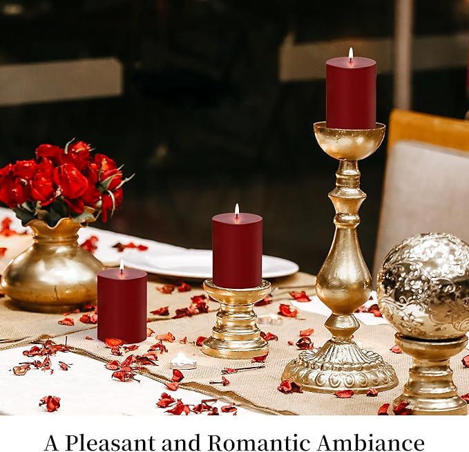 KONNI Dark Red Pillar Candles Set of 3, 3"x 6" Unscented Pillar Candles Bulk, 56 Hours Long Burning Candles, Smokeless&Dripless Large Round Candle for Wedding, Home Decoration, Parties, Spas, Dinner