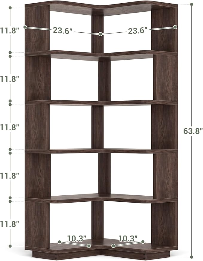 Armocity Corner Book Shelf - 6-Shelf Corner Bookshelf Etagere Bookcase with Baffle, Freestanding L Shaped Display Shelf Stand for Home Office, Living Room, Bedroom, Kitchen, Black Walnut