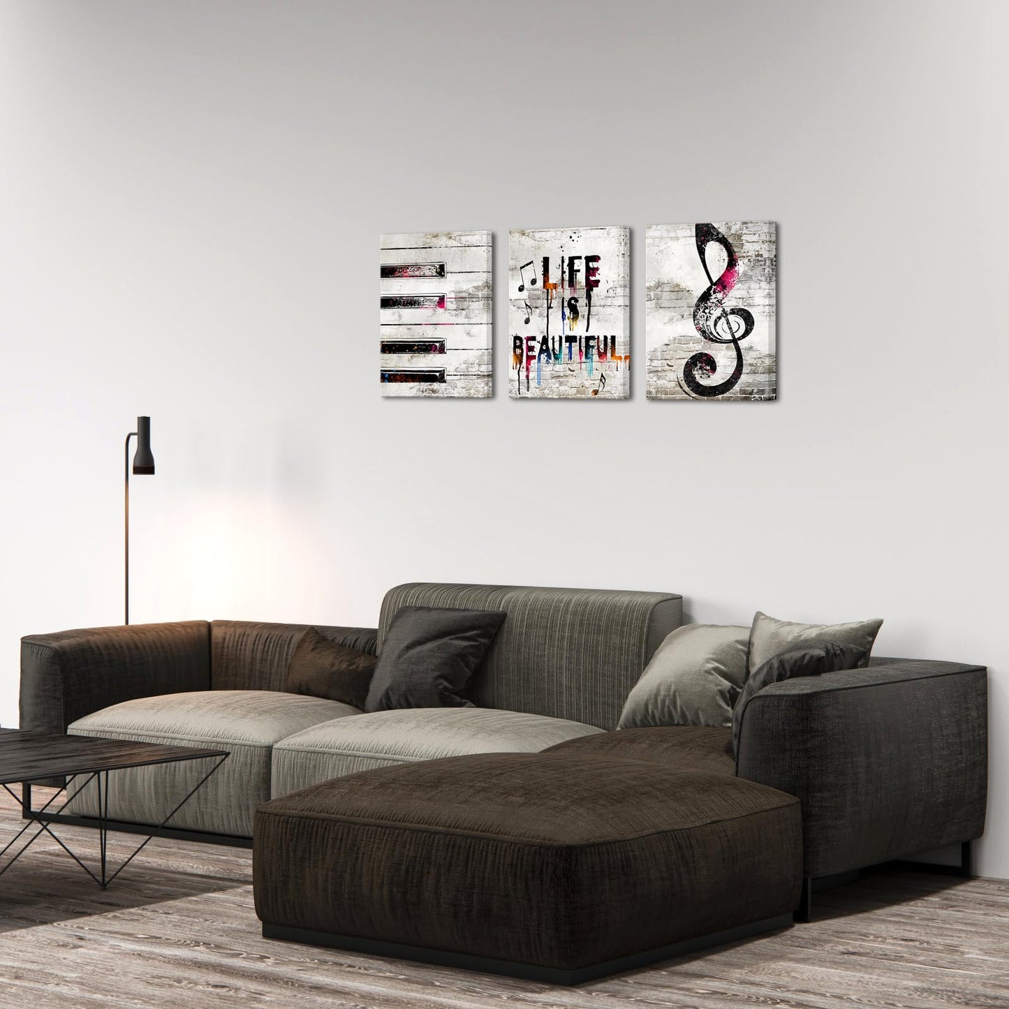 iHAPPYWALL 3 Pieces Music Canvas Wall Art Piano Keys with Musical Note Picture Painting Life is Beautiful Quote Canvas Prints Framed Home Decor