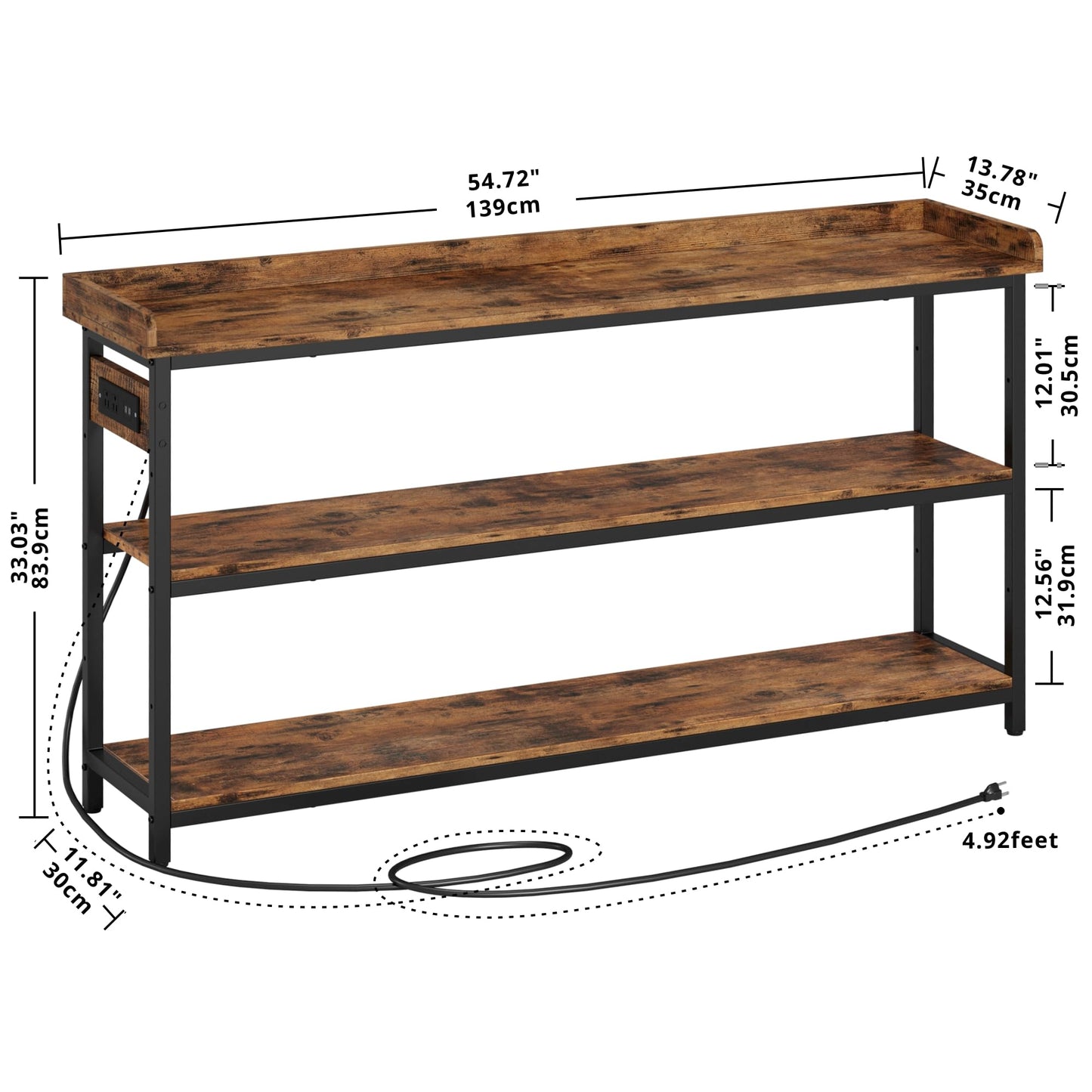 IRONCK Console Table, Sofa Table with Power Outlet, Farmhouse Hallway Table for Entryway, Living Room, Height Adjustable, Easy Assembly, Rustic Brown,55"