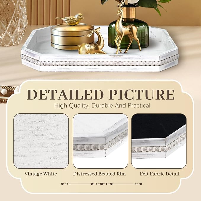 Wooden Decorative Tray, Rustic Serving Tray with Wood Bead, Farmhouse Big Tray for Ottoman, Countertop, Coffee Tabl, 16.5" x 13"x 1.6" (Retro White)