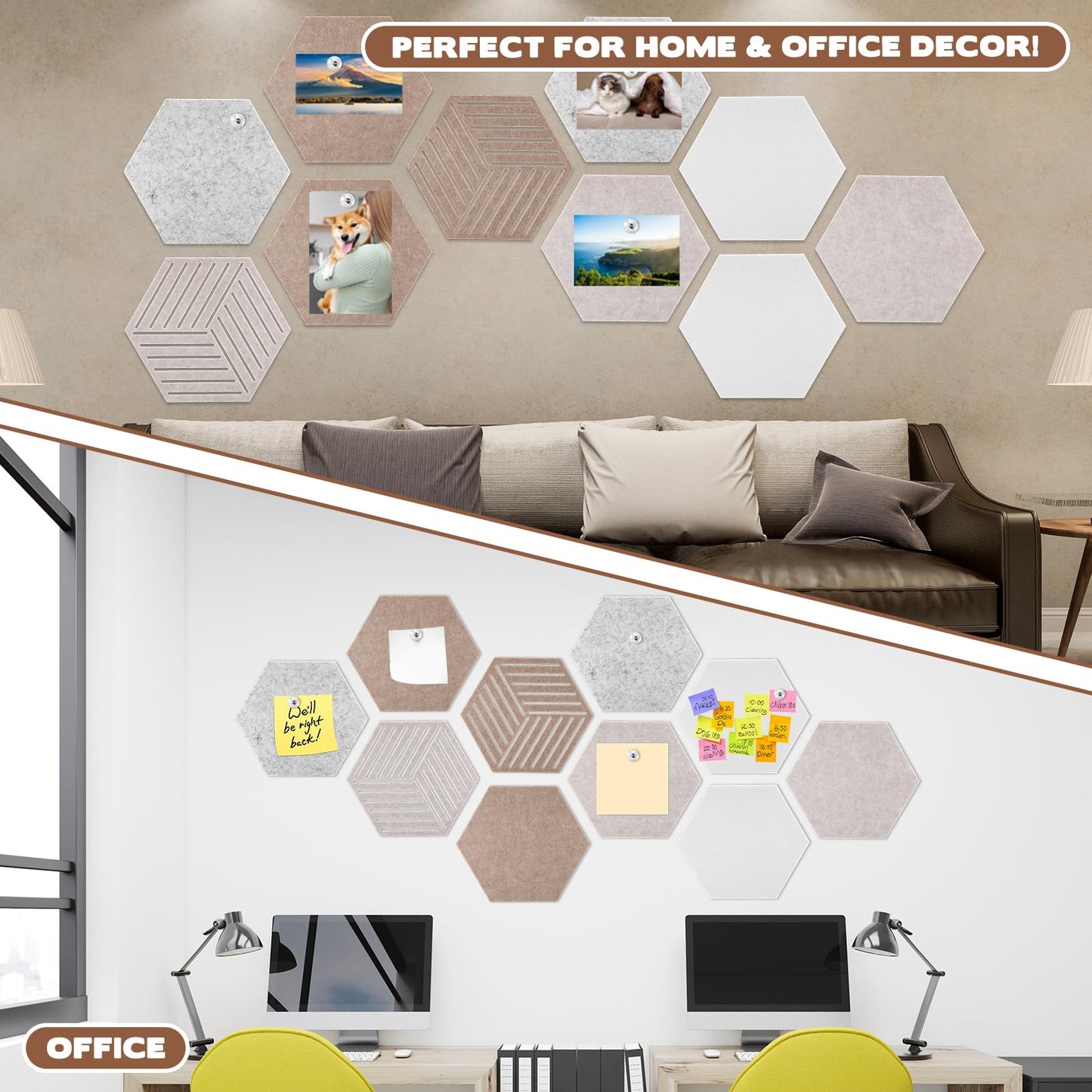 10 Pcs Hexagon Cork Board Tiles 12'' Medium Hexagon Cork Bulletin Boards for Walls Decor, Felt Board Tiles with 20 Clear Push Pins for Office Home Classroom Photos DIY Decor