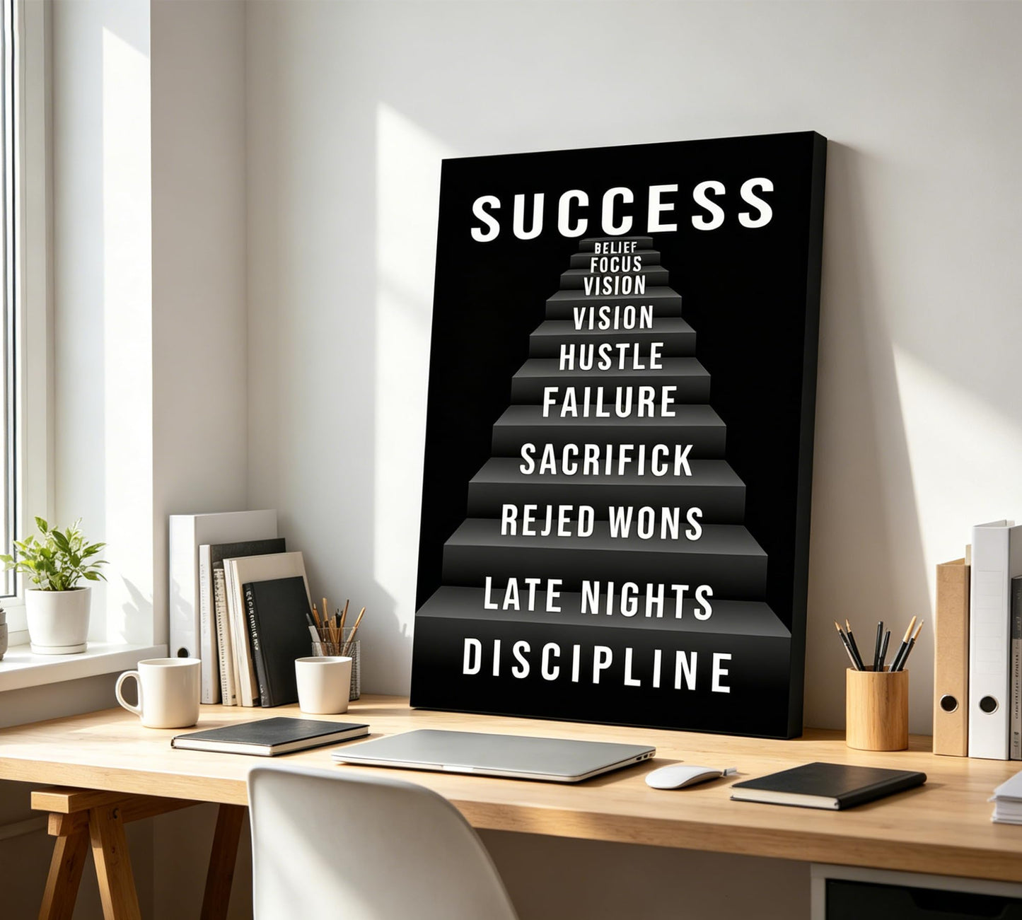 Inspirational Canvas Wall Art,Success Stairs Painting Picture Wall Decor,Black Motivational Poster Print Artwork,Positive Work Quotes for Men Bedroom Living Room Office Home Decoration,12x16 Inch