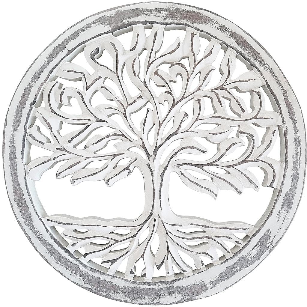 Wooden White Wash Tree of Life Wall Art Panel – 12 Inch Round Wood Carved Wall Hanging Sculpture | Indoor Outdoor Tree of Life Altar Panel Home & Office Wall Décor