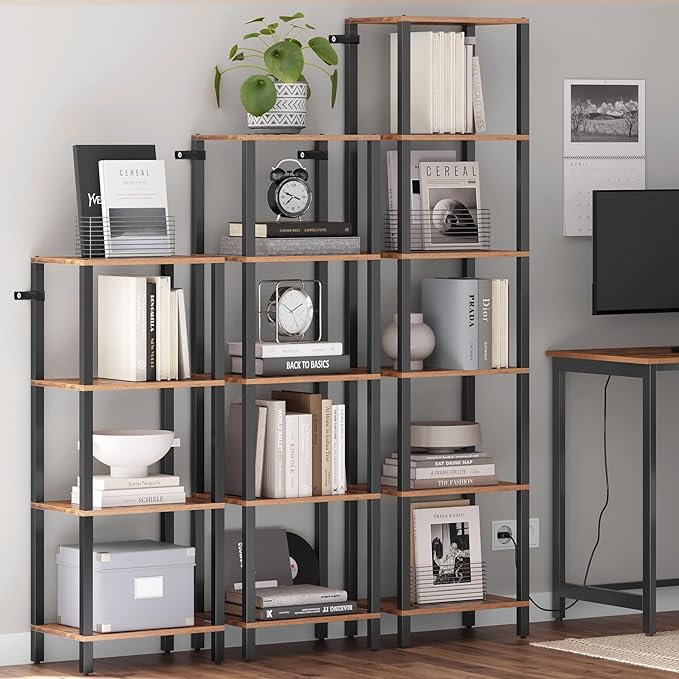 TUTOTAK Bookshelf, 4-Tier Tall Book Shelf, Narrow Bookcase for Small Space, DIY Stackable Bookshelf, for Living Room, Office, Study, Entryway, Industrial, Rustic Brown BS01BB004
