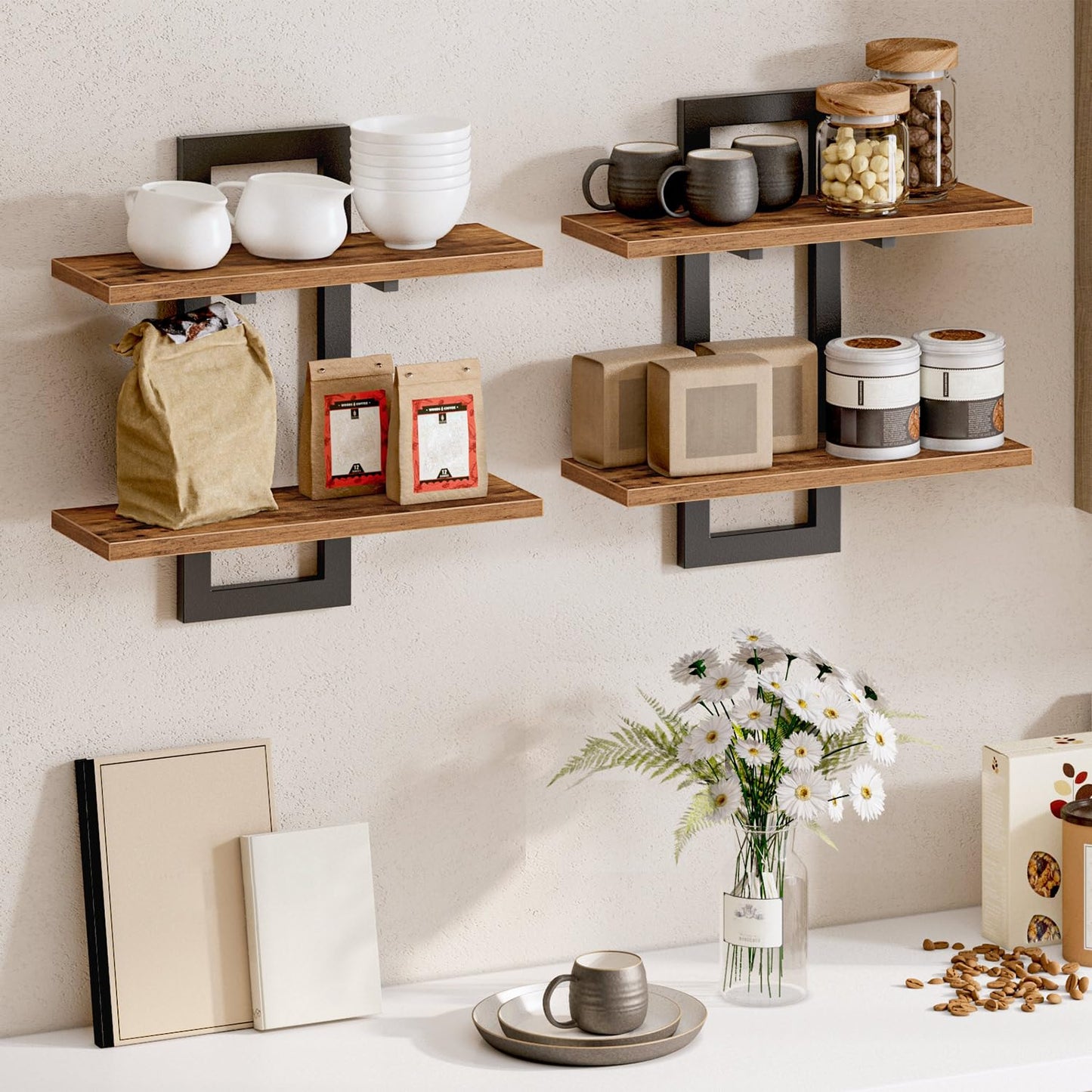 HOOBRO Floating Shelves, 15 Inch Wall Shelf Set of 2, Wall Mounted Storage Shelves 2-Tier, Hanging Bathroom Shelves, for Living Room, Bedroom, Bathroom, Kitchen, Rustic Brown and Black BF32BJ01G1
