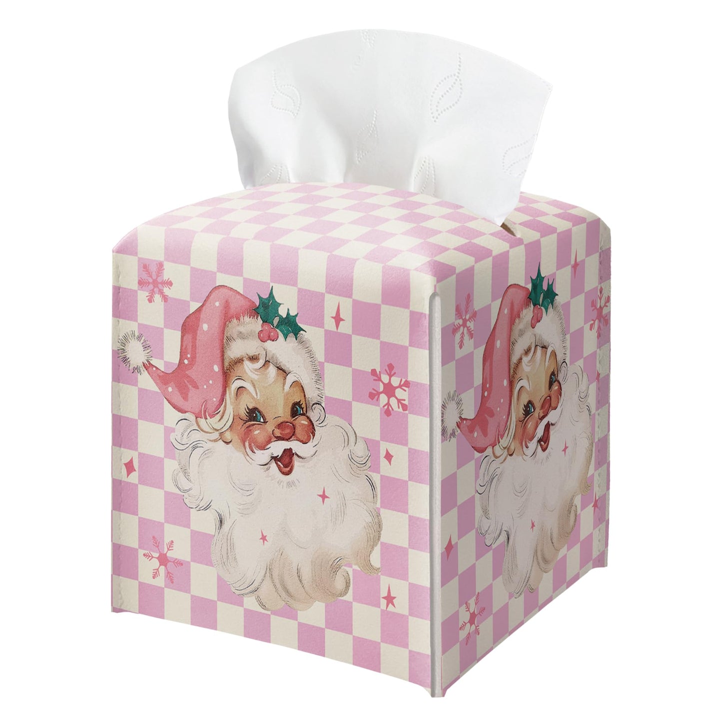 Merry Christmas Tissue Box Holder, Santa Claus Pink Checkered Leather Tissue Box Cover Square, Paper Facial Decorative Tissues Cover for Night Stands Bathroom Office Home Decor-B09