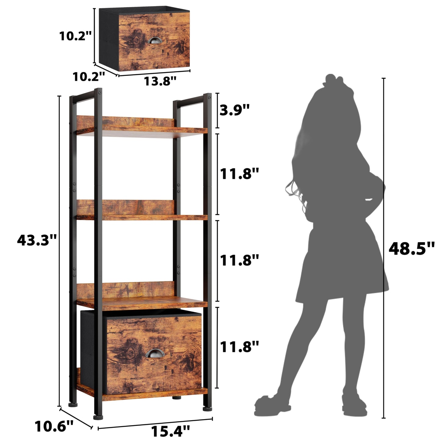 Furologee 4 Tier Bookshelf with Drawer, Tall Bookcase with Shelves, Narrow Bookshelves Storage Organizer, Wood and Metal Display Standing Shelf Unit for Bedroom, Living Room, Rustic Brown