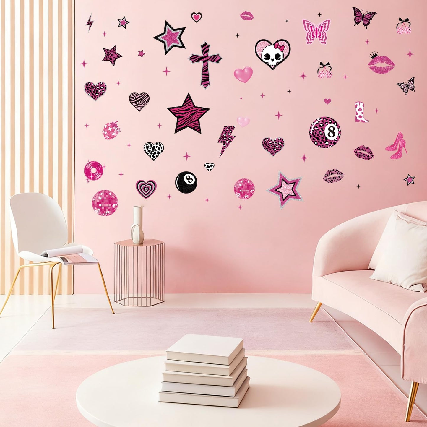 Wxiben Aesthetic Y2K Room Decor - 200 Pcs 2000s Mcbling Wall Decals Hot Pink Walls Stickers Decor for Room Y2K Star Baddie Peel and Stick Wall Decals for Home Bedroom Living Classroom Apartment Dorm