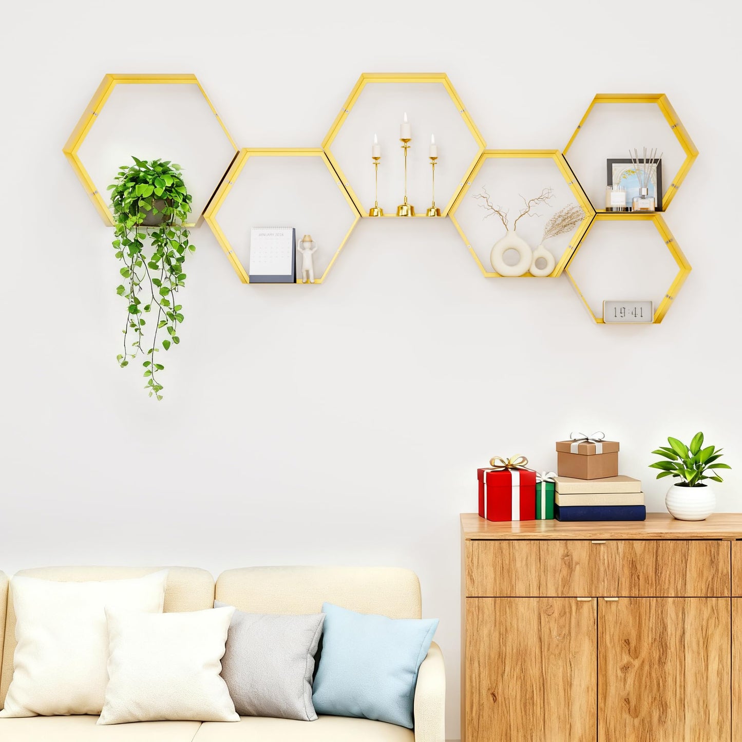 Gonice Hexagon Floating Shelves Set of 6, Gold Metal Wall Mounted Shelves for Home Decor, Honeycomb Display Shelf for Living Room, Bedroom and Office