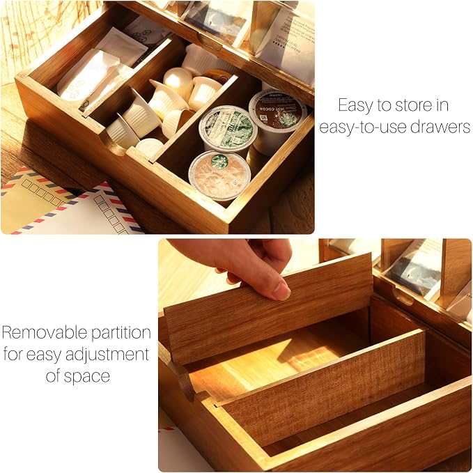 HTB Large Tea Organizer 2 Tier with Drawer, Tea Bag Organizer with Acrylic Transparent Hinged Lid, 9 Compartments Wooden Tea Bag Holder for Home, Office, Tea Parties