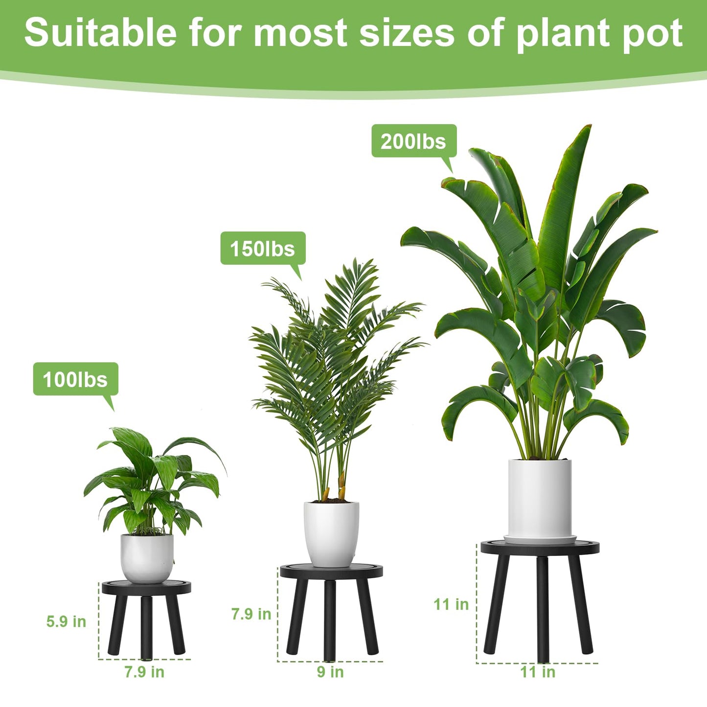 Vecxoty 3-Pack Wood Plant Stands Indoor, Single Plant Stand for 6-12 Inch Pots, Mid-Century Modern Plant Stool, Tall Plant Stand for Large Plants for Living Room, Balcony, Office (Black)