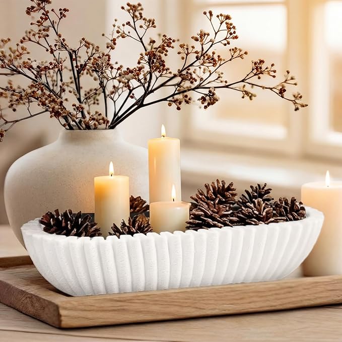Large Decorative Bowl for Home Decor Long Dough Key Bowls Coffee Table Decor Centerpiece White Ruffle Scalloped Resin Modern Handicraft Bowl for Kitchen Counter Farmhouse Entryway