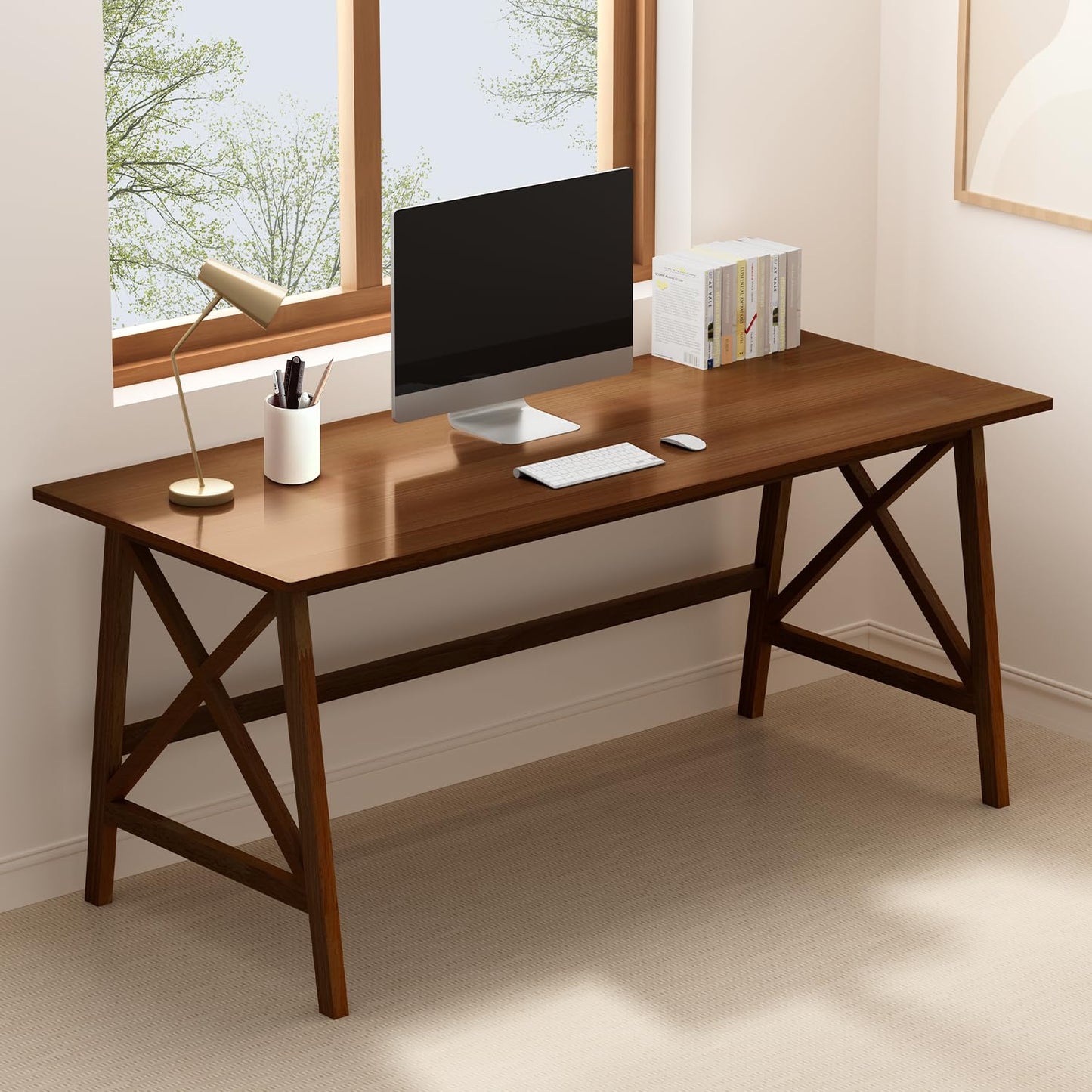 NELYE Modern Solid Wood Desk - 60" Simple Computer Table for Home Office Study Writing Workstation in Walnut, 60" W x 24" D