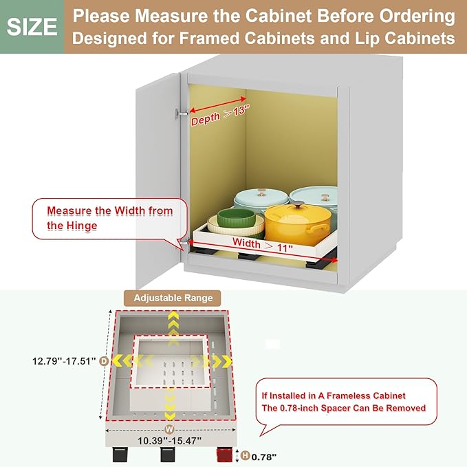 Pull out Cabinet Organizer,Expandable Width(11"-16"),Depth(13"-17") with 3 Rails,Roll out Drawers,No Drill Adjustable Slide out Shelves for Kitchen,Pantry,for Both Lip and Lip-Free Cabinets,White(1PC)