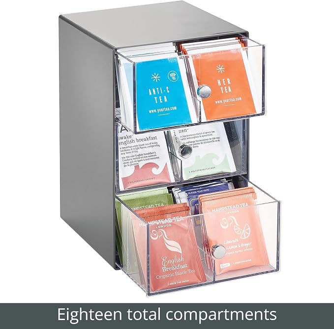 mDesign Plastic Wide Kitchen Pantry, Cabinet, Countertop Organizer Storage Station, 3 Drawers for Coffee, Tea, Sugar Packets, Sweeteners, Creamers, Drink Pods, Packets; 18 Sections, Dark Gray/Clear