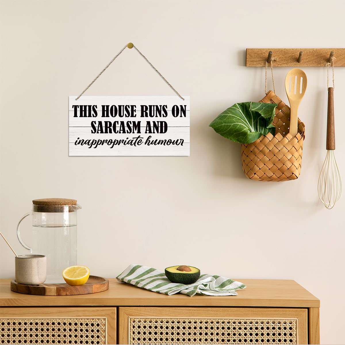 This House Runs On Sarcasm and Inappropriate Humor Sign, Funny Wood Sign, Hanging Printed Wooden Plaque Decor, Rustic Wall Decoration, Modern Home Decor, Funny Housewarming Gift