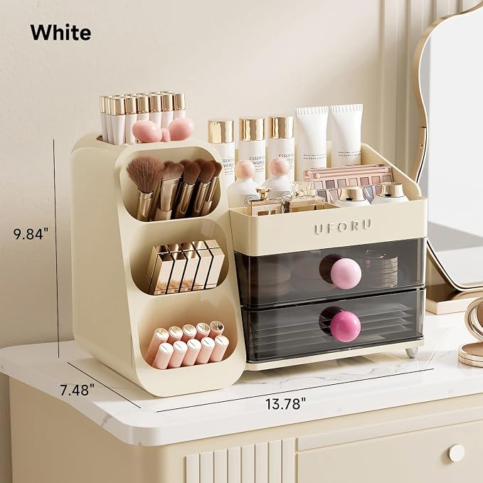 UFORU Makeup Organizer for Vanity with Brush Holder, Large Capacity Bathroom Countertop Skincare Organizer with 2 Drawers, Cosmetic Display Case for Perfumes, Eyeshadow Palettes, Nail Polishes