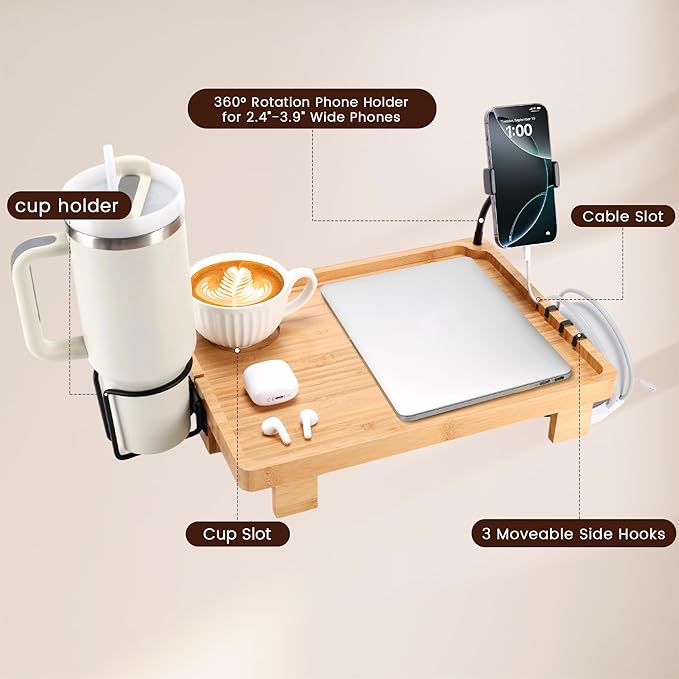 Bedside Shelf for Dorm Bed & Top Bunk, Bamboo Bed Side Table Tray with Cup Phone Holder & Hooks, Bedside Caddy, Clip on Nightstand Bedside Storage College Dorm Room Essentials (Bamboo-1)