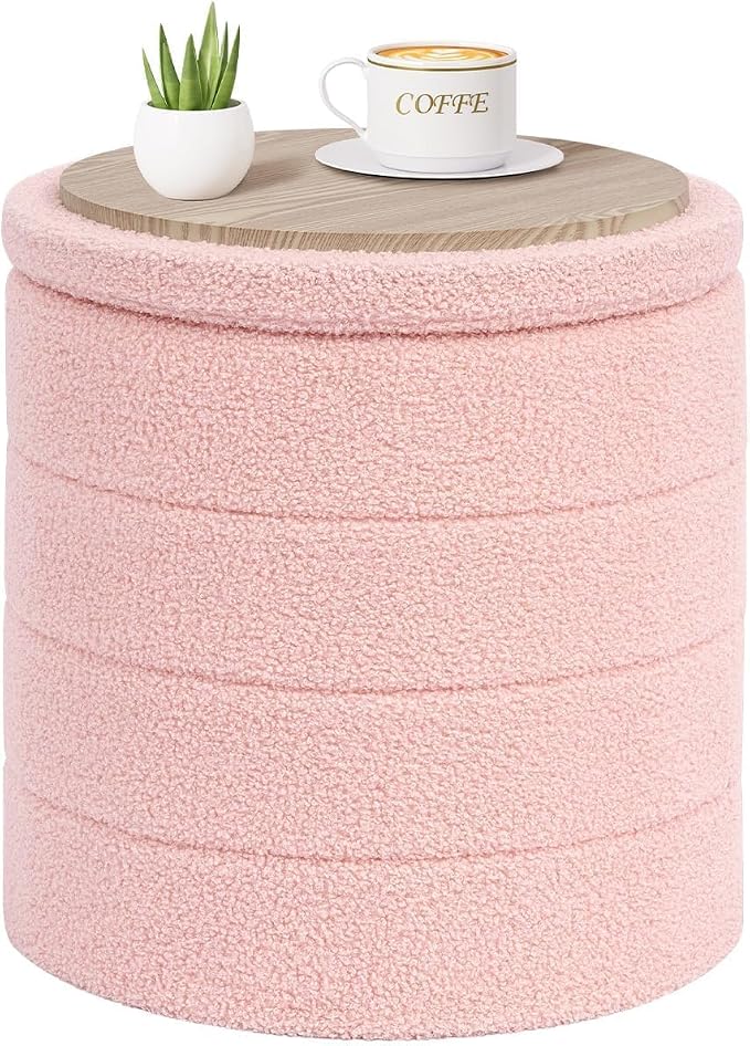 PINPLUS Round Storage Ottoman Foot Rest Stool with Tray Velvet Sherpa Folding Storage Ottoman,Boucle Foot Rest for Living Room, Bedroom, Dorm,Pink Color