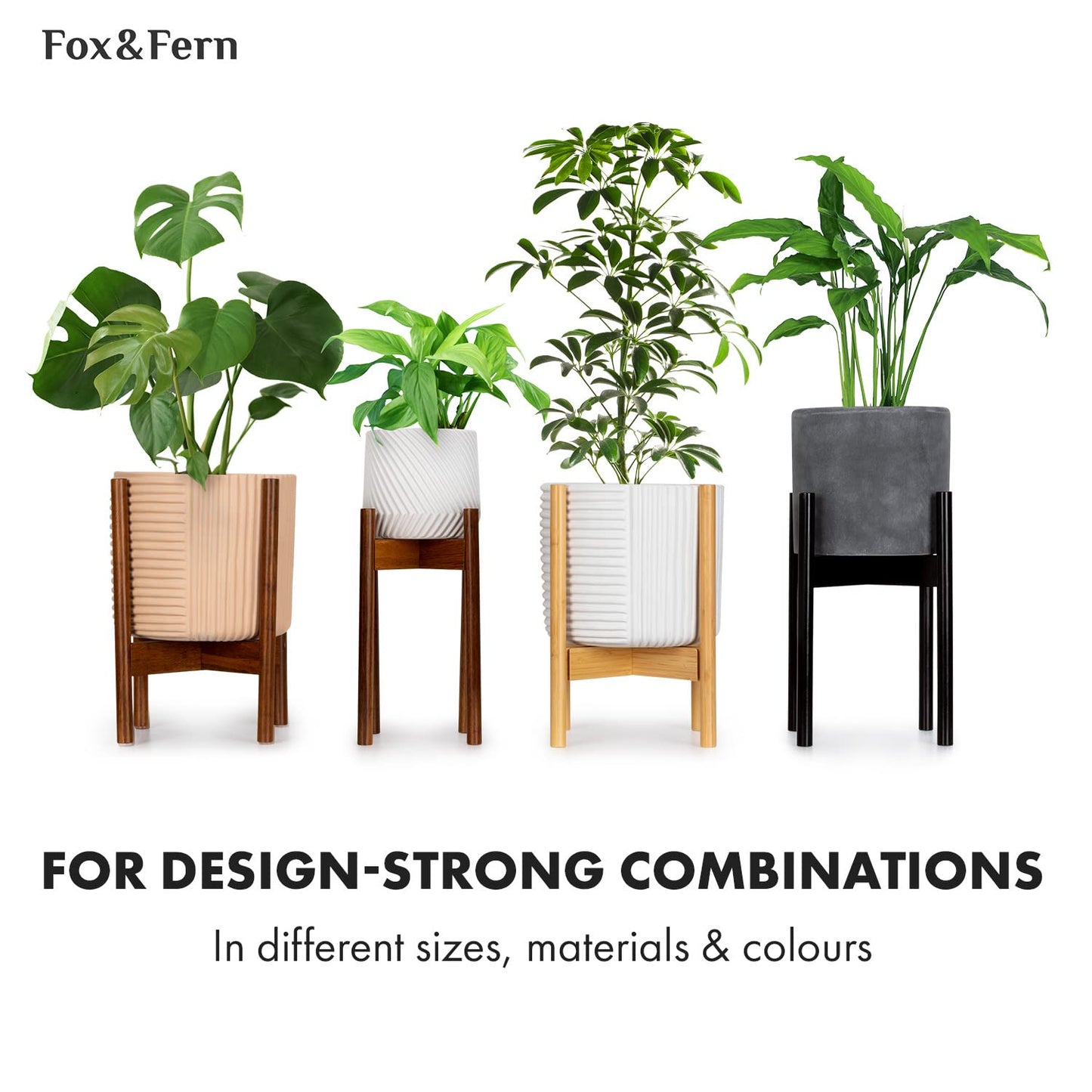 Fox & Fern Large Adjustable Plant Stand Indoor — 11 to 15 Inch Mid Century Bamboo Plant Stand - Plug In Design - Easy to Assemble - Two Heights - For 11, 12, 13, 14 & 15 Inch Pots (Not Included)