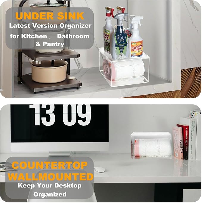 SEANADO Extra Large Trash Bag Dispenser Roll Holder with Lid - Wall Mount Acrylic Garbage Bag Stackable Storage Box for Kitchen Laundry Room Cabinet Organization