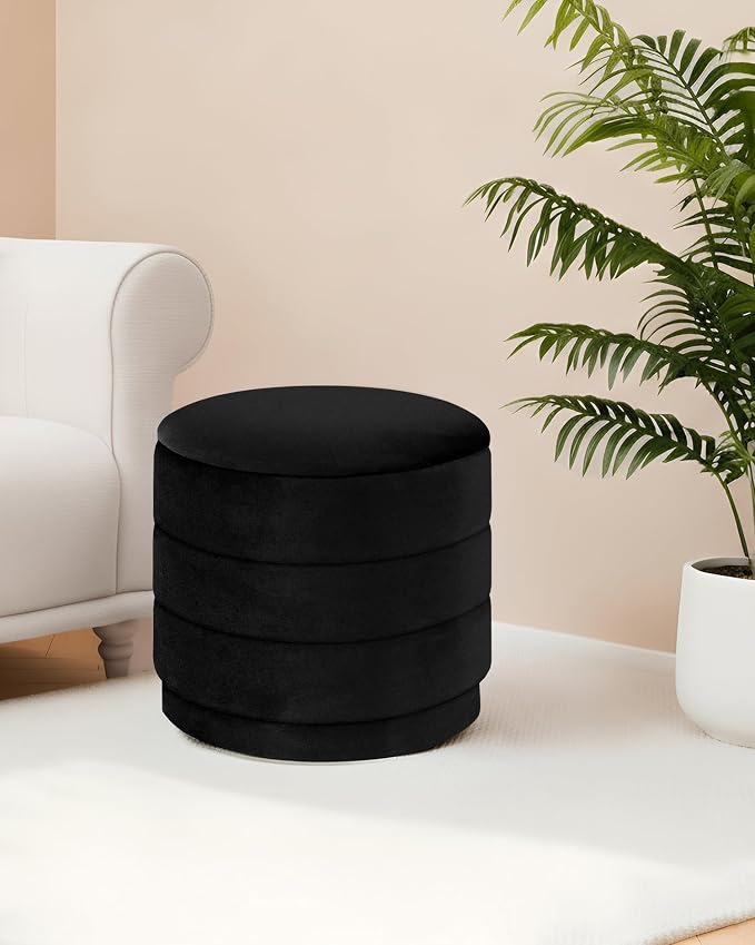 B FSOBEIIALEO Round Velvet Storage Ottoman with Tray, Folding Ottoman with Storage Coffee Table Foot Rest for Dorm Room, Living Room Black, 15.35"x15.35"x14.57"
