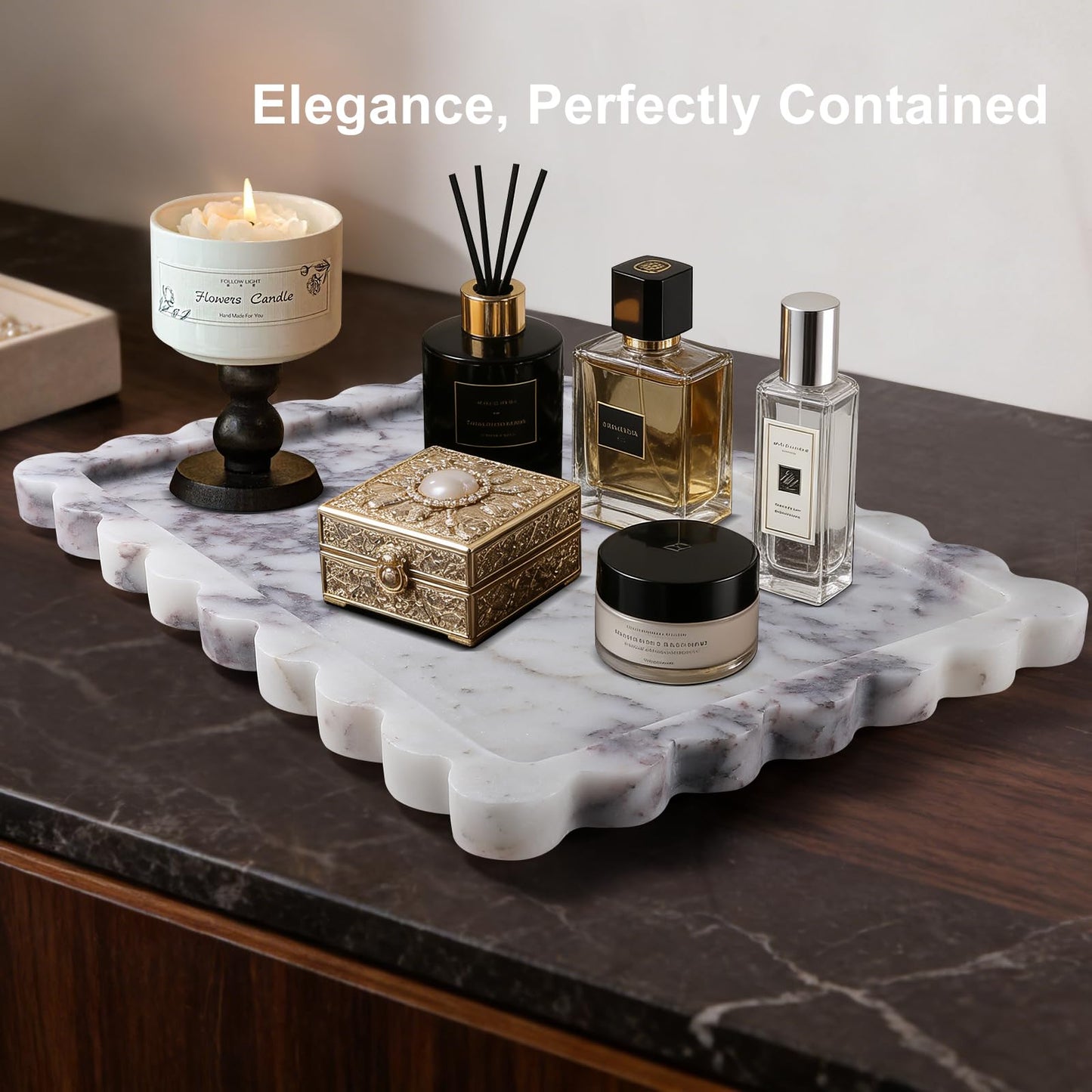 PebblePure 14" x 10" Large Genuine Calacatta Viola Scalloped Marble Tray, Pre-Sealed for Stain & Water Resistance, Luxury Decorative Trays for Vanity, Bathroom, Dresser, Coffee Table, Home Decor