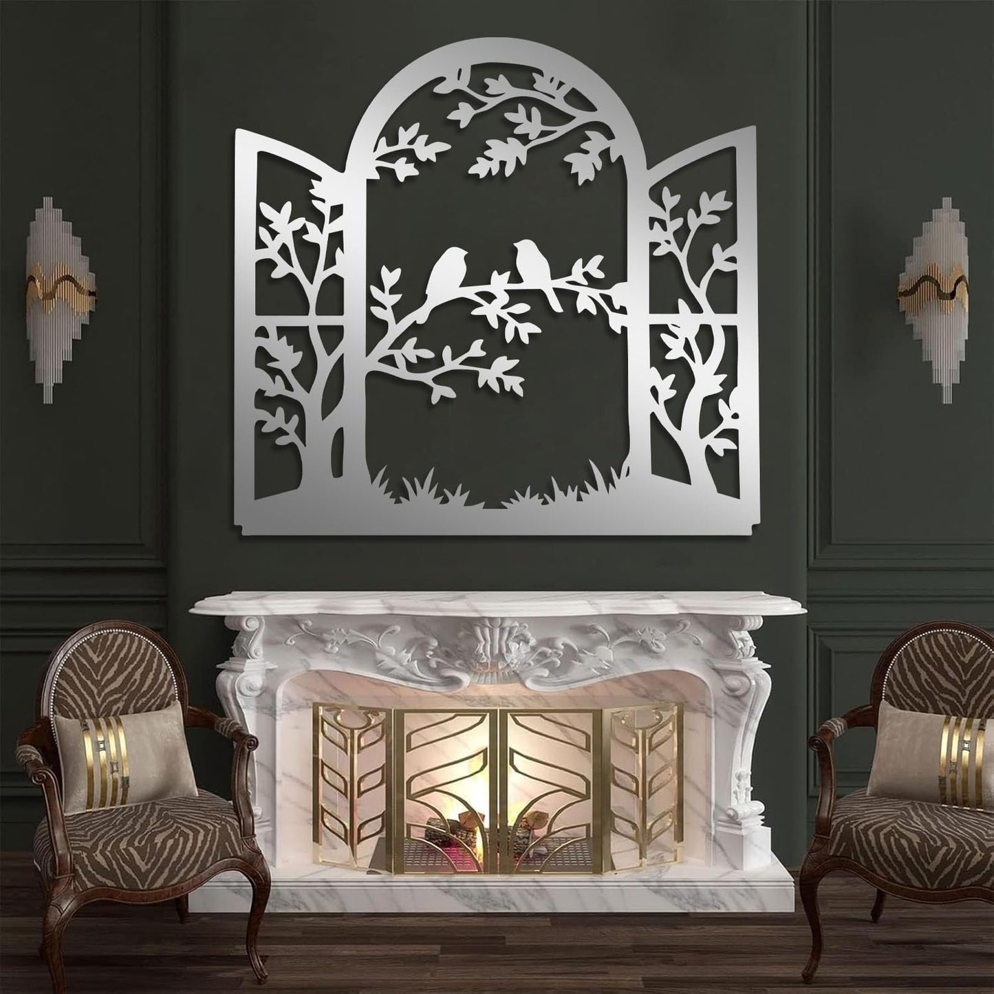 Bird Window Metal Wall Art, Bird on Branch Metal Wall Decor, Window Frame Wall Art, Birds Branch Silhouette Wall Hanging, Nature Decorations for Living Room, Hallway (Gold, 17"x19"/44x47cm)