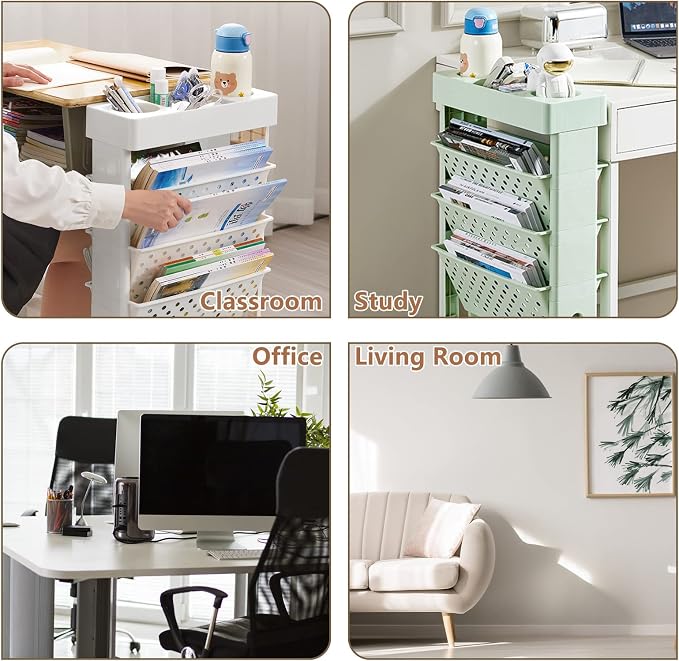 Rolling Office Paper Organizer, Mobile Book Cart Document Folder File Storage with Pen Holder, Slim Rolling Storage Cart Movable Bookshelf for Office, Dorm, Classroom, Nursery, Green