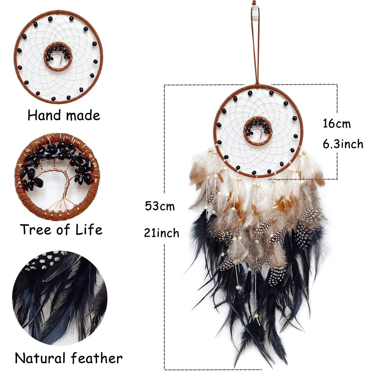 SOYUZU Black Dream Catcher Wall Decor Crystal Tree of Life Dream Catchers Handmade Feather Dreamcatcher Wall Hanging Ornament for Bedroom Living Room Home Decor