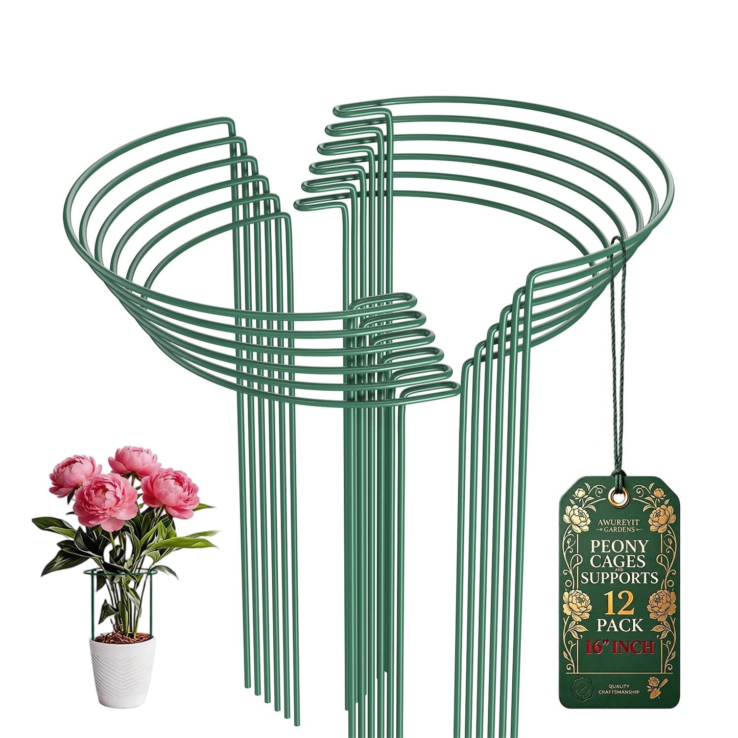 12 Pack Plant Support Stakes, 10" W x 16" H Metal Peony Cages and Supports, Green Half Round Garden Plant Support Ring for Outdoor Indoor Plants, Rose, Hydrangea, Tomato, Snake Plant