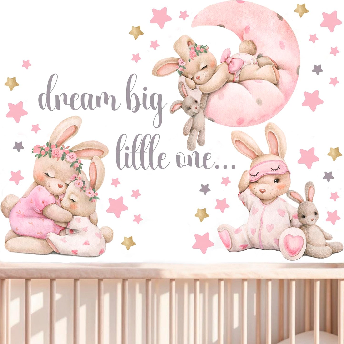 Pink Bunny Nursery Wall Decals-Baby Girl Room Rabbit Wall Decor, Animal Stickers for Kids Playroom, Toddler Bedroom and Nursery Decoration, Removable Vinyl Decals, Peel and Stick Easy to Apply.