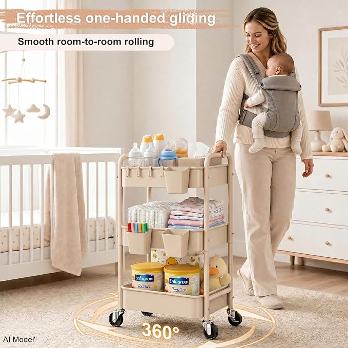 3 Tier Beige Rolling Storage Cart Metal on Wheels, Cream Three Tiered Diaper Caddy with Wheels,Utility Organizer Trolley for Nursery,Postpartum,Art,Craft,Khaki Roller Bedside Carts for Baby Essentials