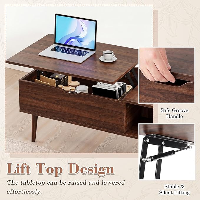 OLIXIS Wood Lift Top Coffee Table with Hidden Compartment and Large Storage Shelf, Lift Tabletop Dining Center Table for Home Living Room Office, Dark Brown