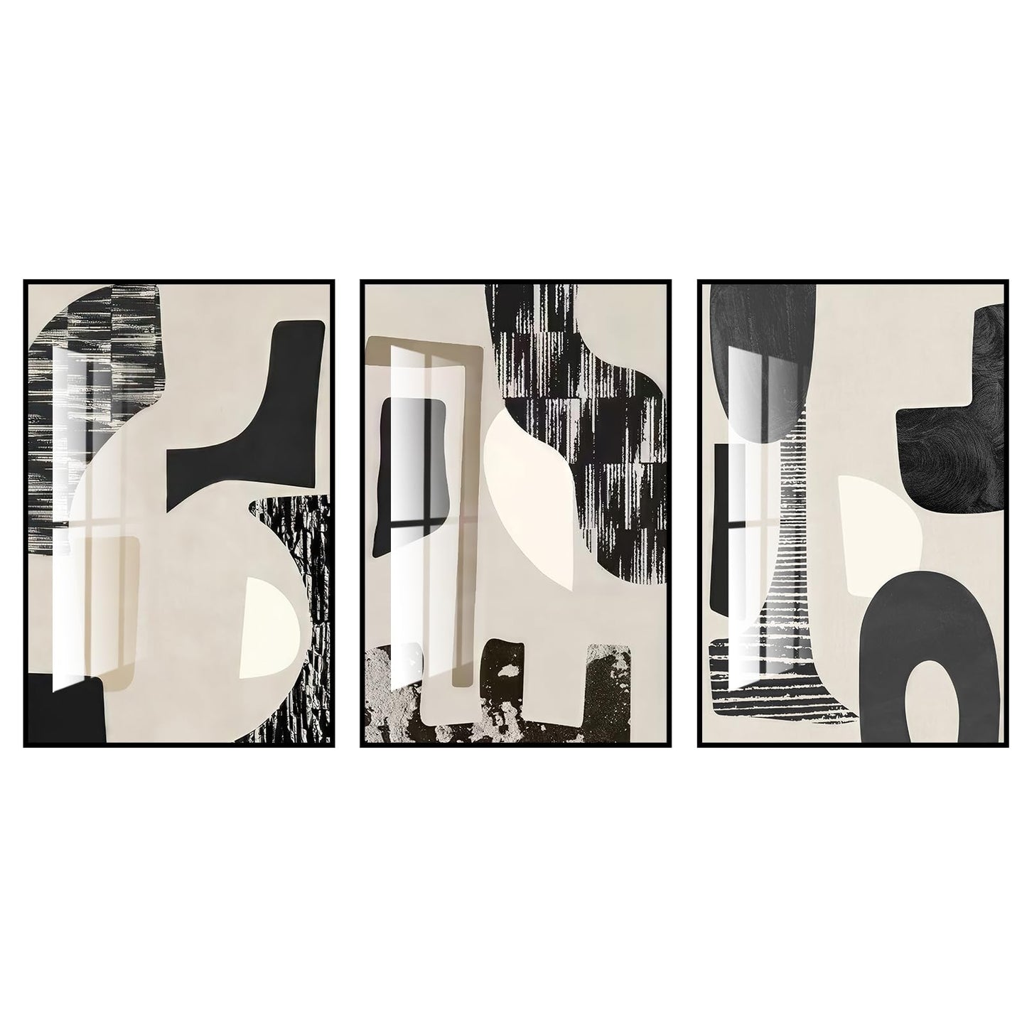 QKF Modern Abstract Wall Art Large Geometric Black and White 3 Piece Canvas Painting for Living Room Contemporary Wall Decor with High Gloss Finish 16x24 Inches Set