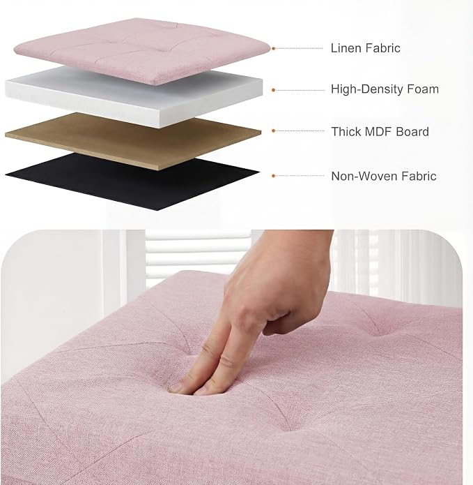 Sweetcrispy 43 Inch Folding Storage Ottoman Bench, Large Hidden Storage Chest with Padded Seat, Foot Rest Stool Supports Up to 660Lbs, End of Bed Bench for Bedroom, Living Room, Linen Fabric, Pink