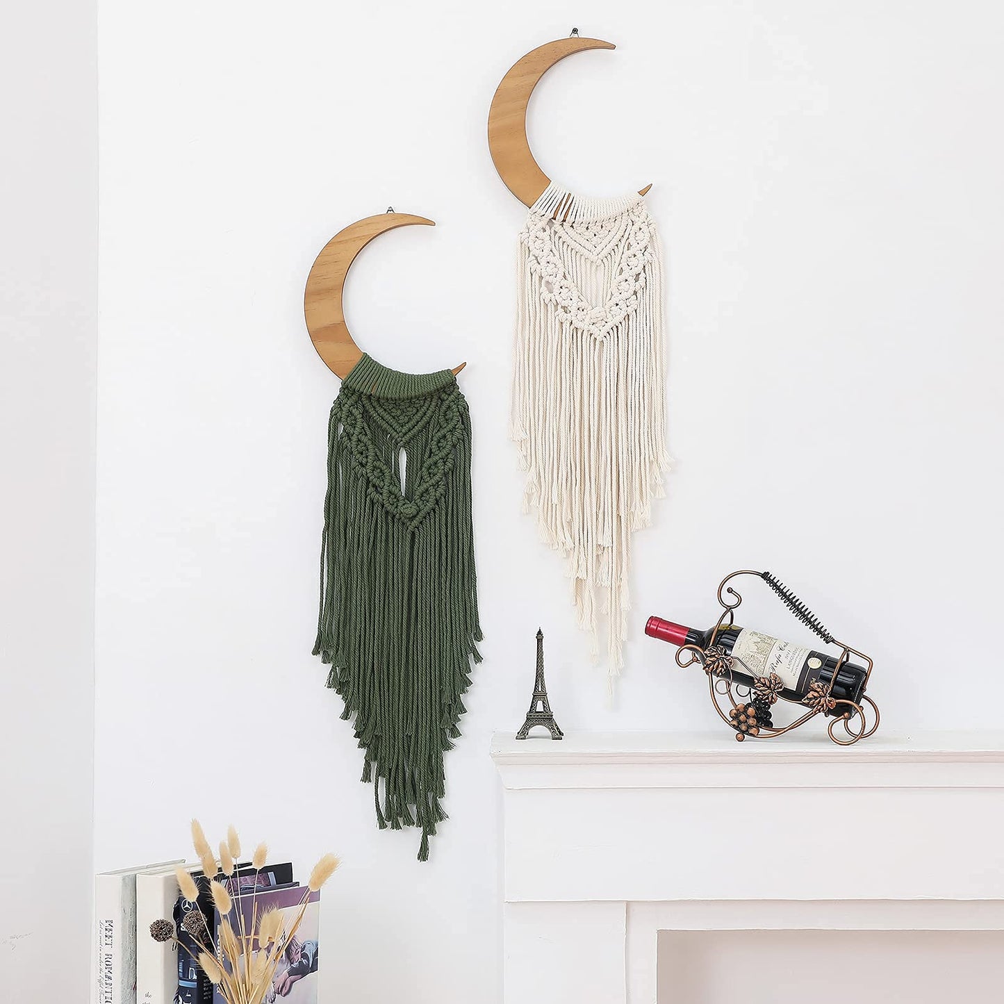 ANROYE Macrame Wall Hanging Boho Moon Decor, Bohemian Crescent Wooden Ornament with Long Tassel, Handmade Unique Wood Tapestry Home Decoration Wall Art Gift for Dorm Bedroom Nursery Living Room