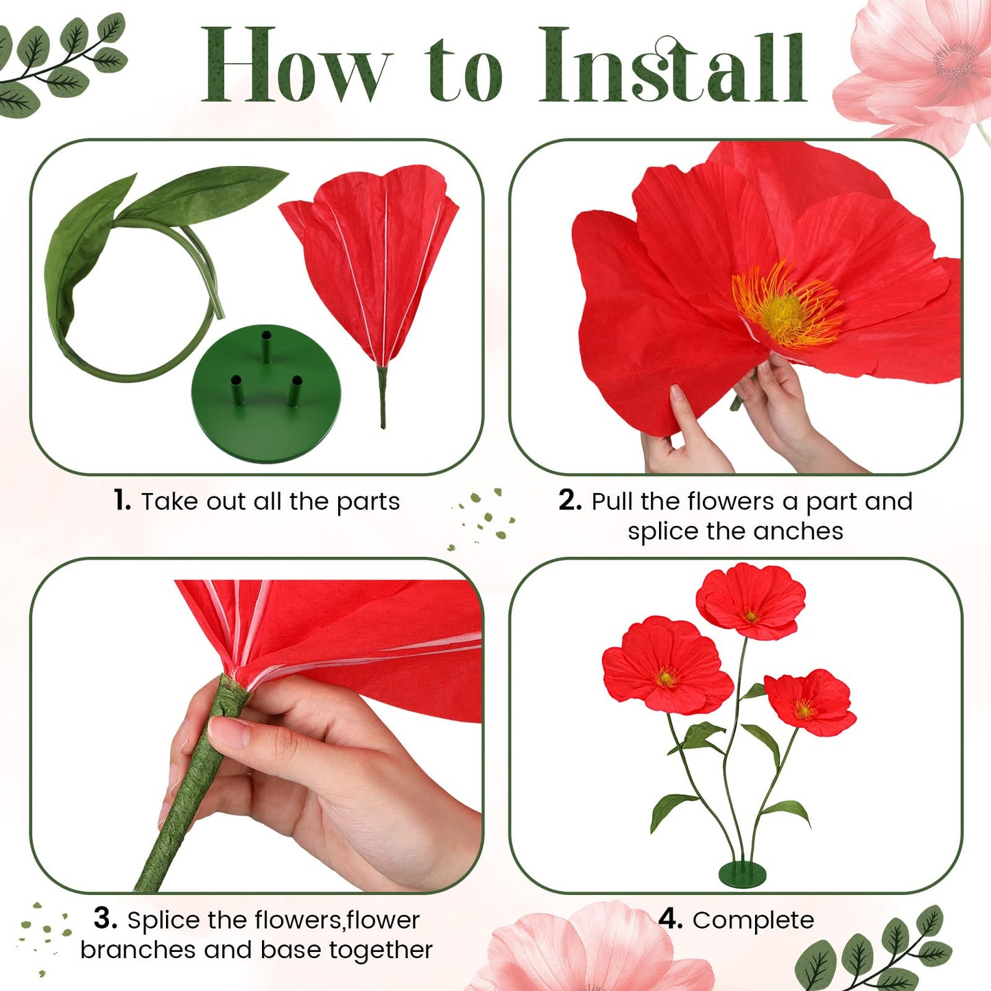 Rivvlive 6ft Red Giant Flowers for Decoration with Stand, Large Artificial Silk Poppy, Handcrafted Large Flower for Garden Wedding Party Photography Props Hotel Office Art Gallery Window Display