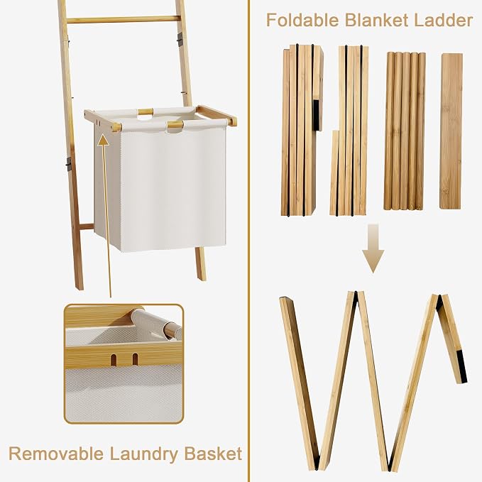BAMBANG Bamboo Blanket Ladder with Basket, 5-Tier Quilt Rack Stand with 4 Hooks & Storage Hamper for Living Room Bathroom, Wall Leaning Decorative Ladder Shelf for Blankets Display (Natural)