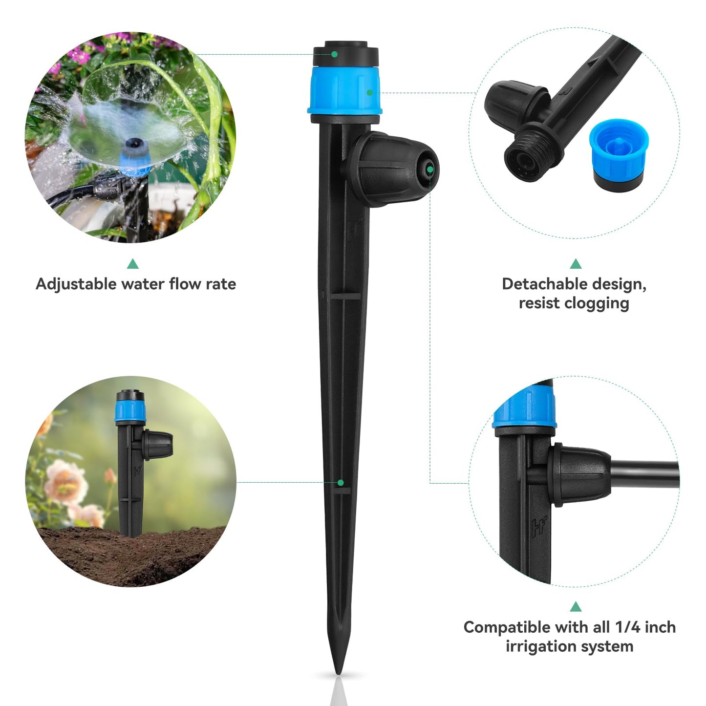 Drip Irrigation Emitters for 1/4" Tubing: Adjustable 360 Degree Water Flow Drippers with Lock Barbed - Drip Spray Emitters Parts for Garden Watering System (25pcs)