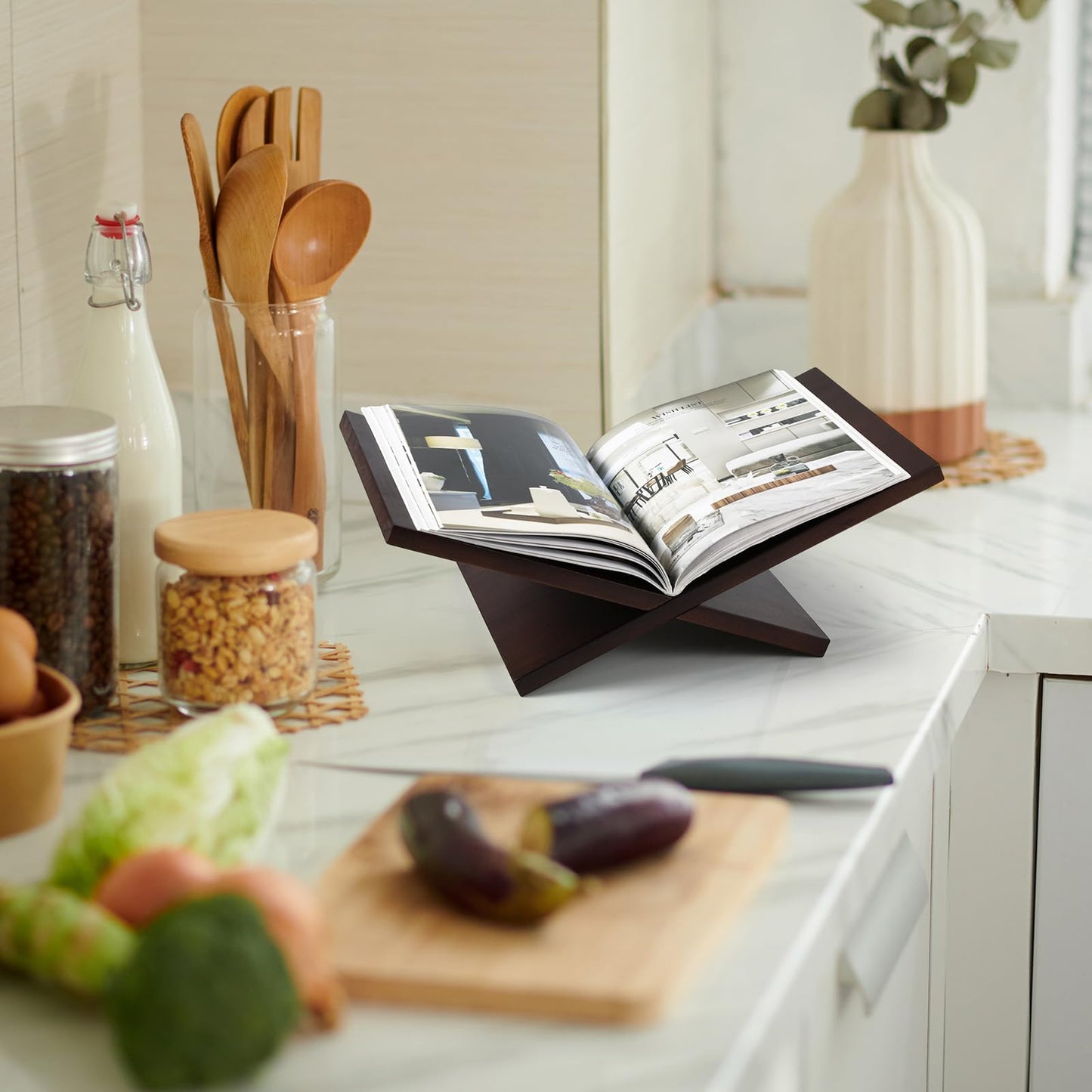 Honoson Open Display Book Stand 16 x 9 x 6 Inches Wooden Large Book Holder for Reading Open Bookstand X-Shaped Cookbook Stand for Bible Magazines Art Textbooks Recipe Coffee Table Decor(Dark Walnut)