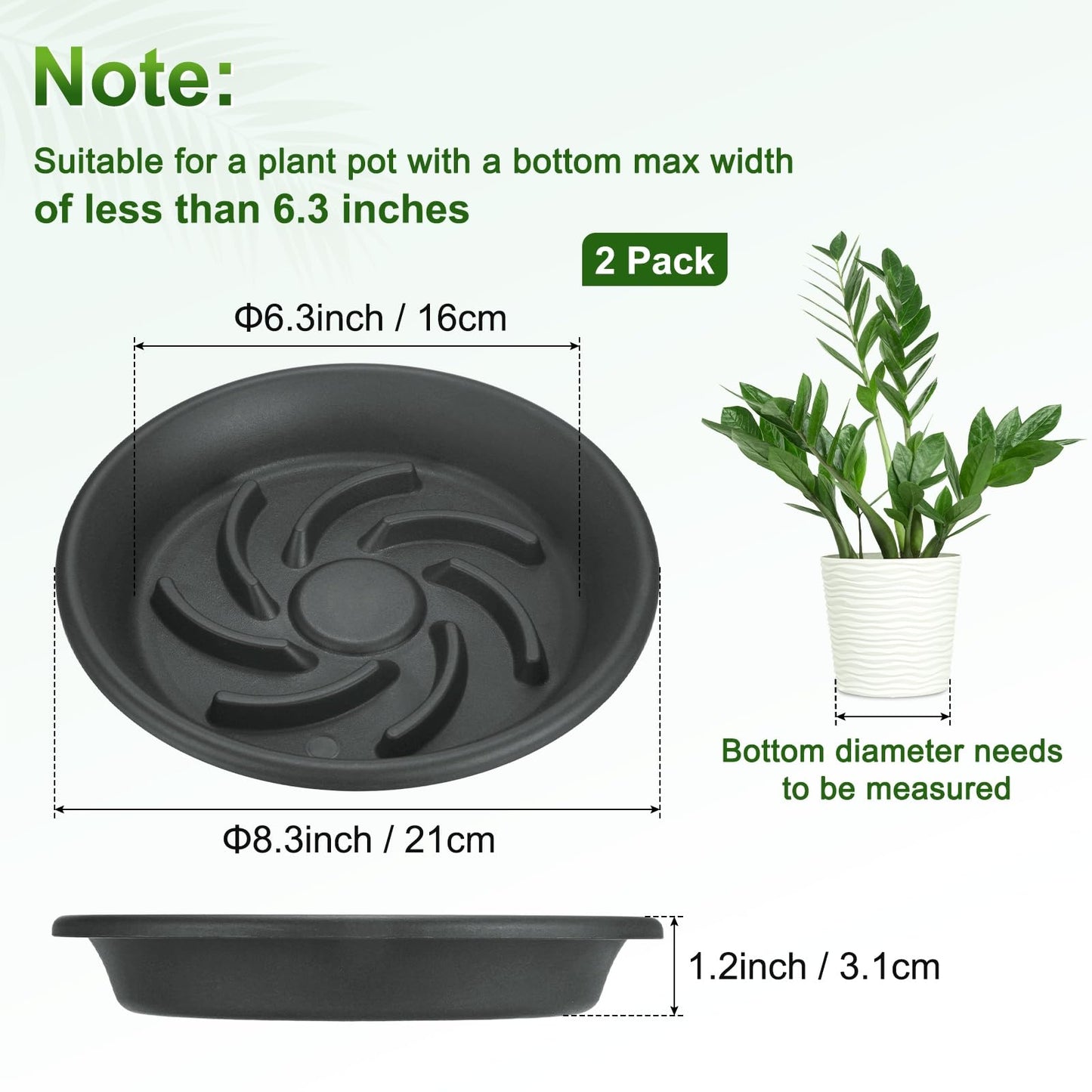 M METERXITY 2-Pack Plant Saucers, 6.3 Inch ID Anti-Rot Root Resin Flower Pot Plant Saucers for Indoor/Outdoor, Flowerpot Drip Tray [8.3 Inch OD, Gray Black]