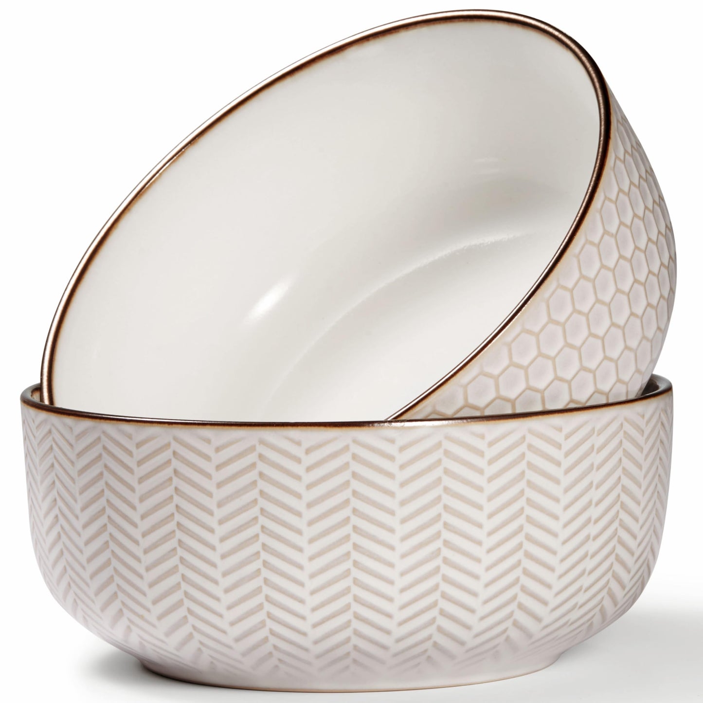 KooK Ceramic Salad Bowls, Embossed Large Kitchen Bowls, For Serving Pasta, Soup, Fruits, Microwave and Dishwasher Safe, Cream with Dark Copper Accents, Set of 2, 60 oz, Narbonne Collection