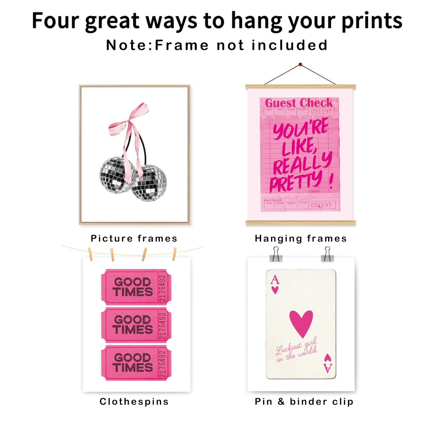 okaxscm Hot Pink Trendy Preppy Wall Art Prints Set of 4, Coquette Preppy Room Decor Aesthetic, Pink Room Wall Decor, Pink Cherry Disco Ball Wall Decor Posters for Girls Bedroom Dorm, 8x10 Unframed