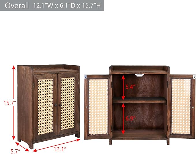 Ikee Design Wooden Countertop Storage Cabinet with Magnetic Rattan Doors, Kitchen Pantry Cabinet with Removable Shelves, Coffee, Snack, Cup Organizer, Dark Brown Color, 12.1W x 6.1D x 15.7H in