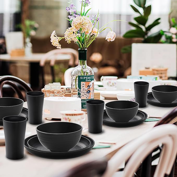 32-Piece Kitchen Plastic Wheat Straw Dinnerware Sets, Service for 8, Unbreakable Modern Dish Set - Dinner Plate/Dessert Plates/Cereal Bowl/Cup, for Apartment Essentials, Outdoor Camping,Black