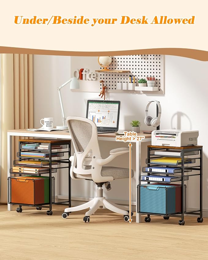 Feyejade Compact 5-Tier Rolling File Cart, Under Desk Metal Filing Cabinet | Printer stand top, sliding mesh trays for binder, letter size file storage, organizer for teachers and home office