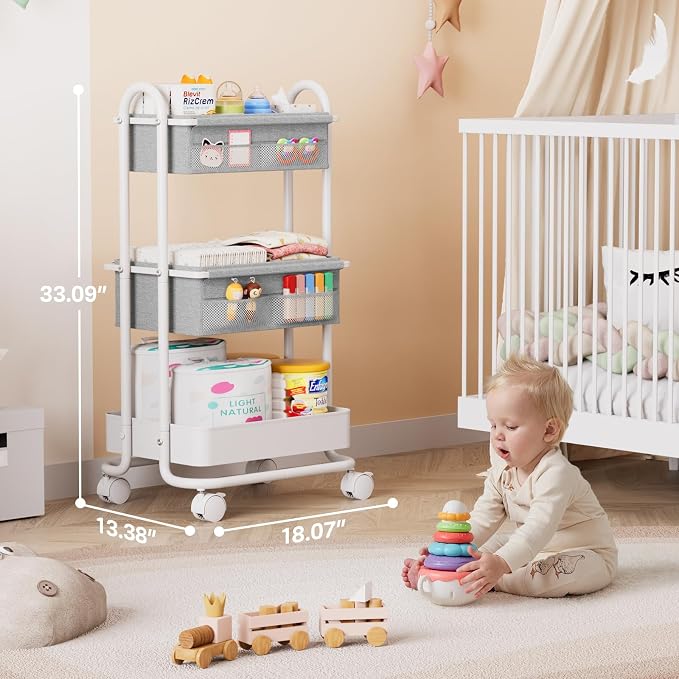 Modanais Baby Diaper Caddy Organizer Cart - 3 Tier Rolling Storage Cart with Wheels, Baby Essentials for Nursery Storage, Detachable Dividers - for Crib, Bedroom, Art & Craft Organizer (Light Gray)